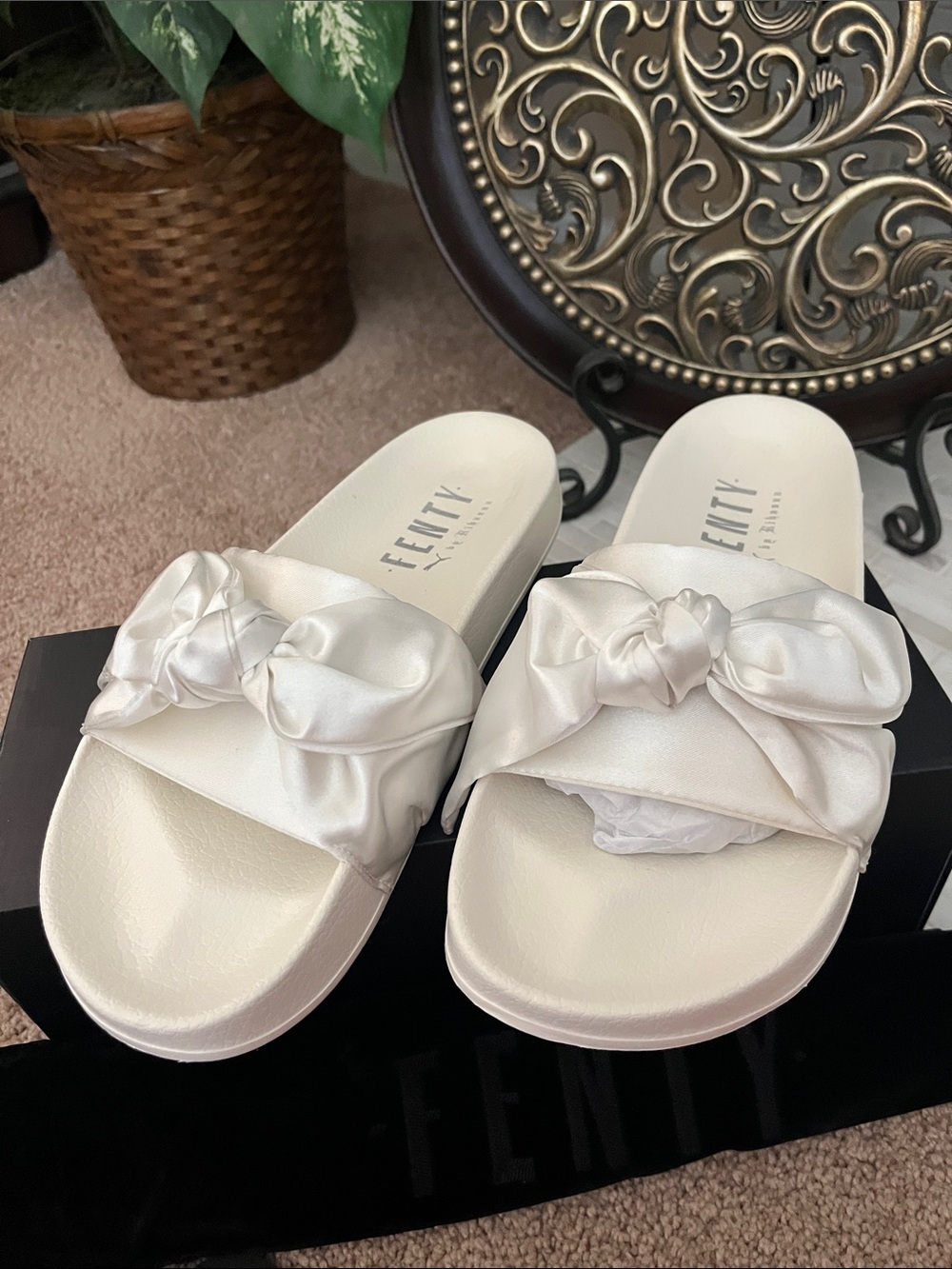 Fenty PUMA White Satin Knot Slide Sandals